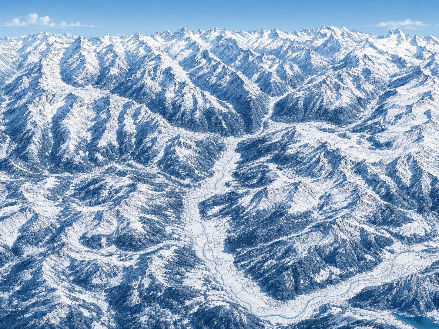 Kaart van het besneeuwde Zillertal van bovenaf